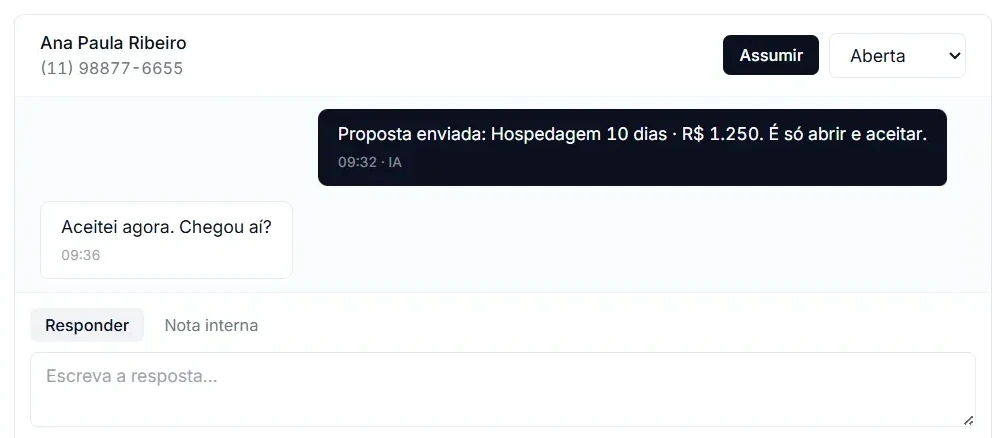 Conversa de WhatsApp aberta na Vetora: o botão para uma pessoa assumir, a proposta enviada pela IA, o aceite da cliente e a caixa de resposta com a nota interna